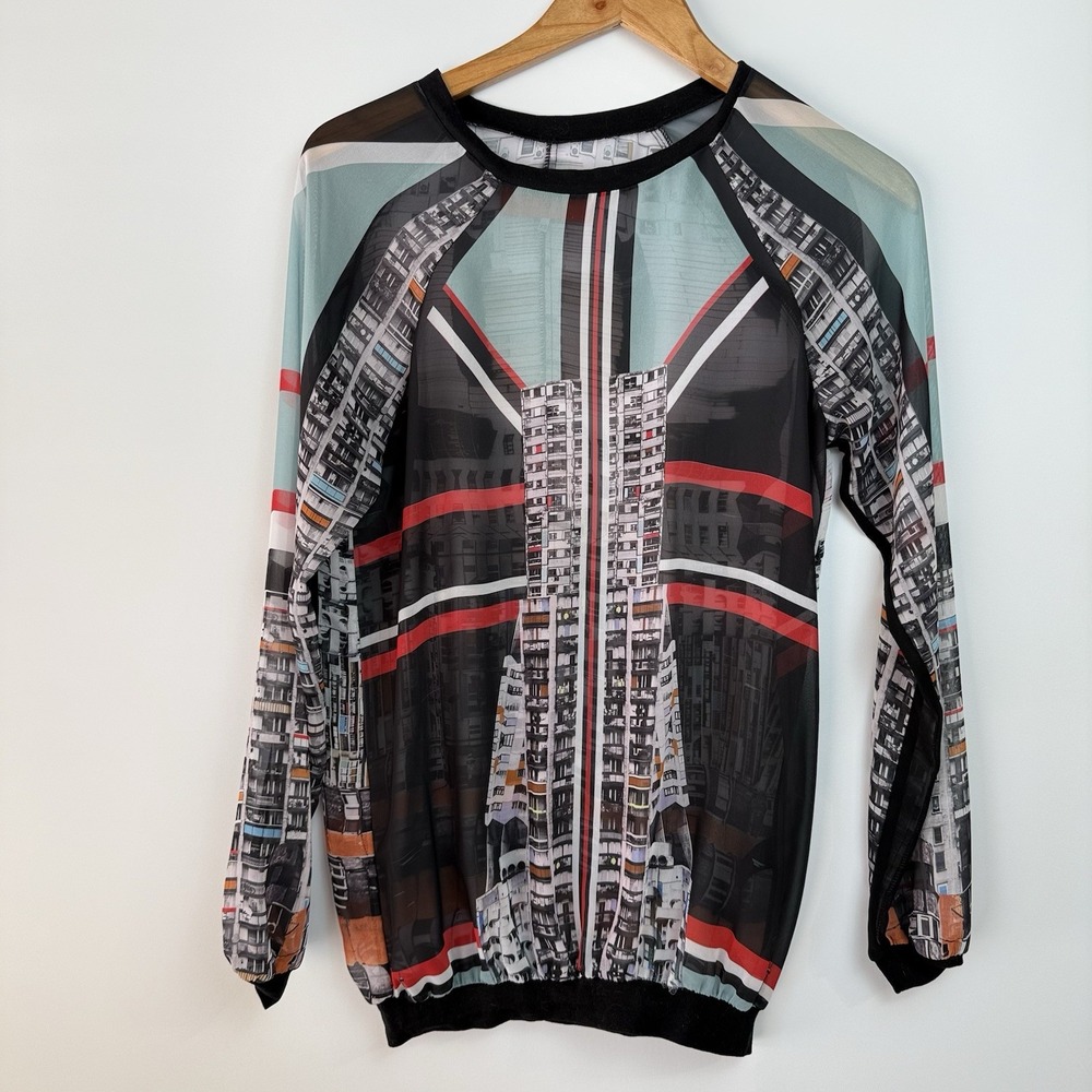 Clover Canyon Sheer Graphic Print Top XS Multicolor Long Sleeve $195